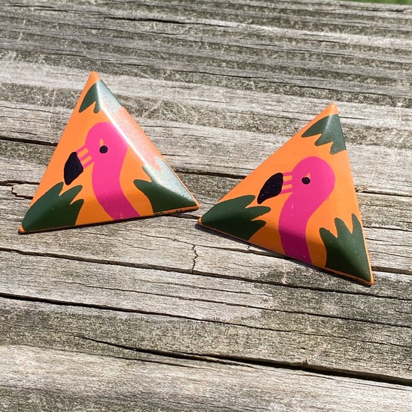 Vintage 80’s Big orange triangle Flamingo earrings - Picture 2 of 6